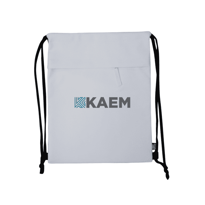 A white drawstring bag featuring black straps and a branding logo on the front.