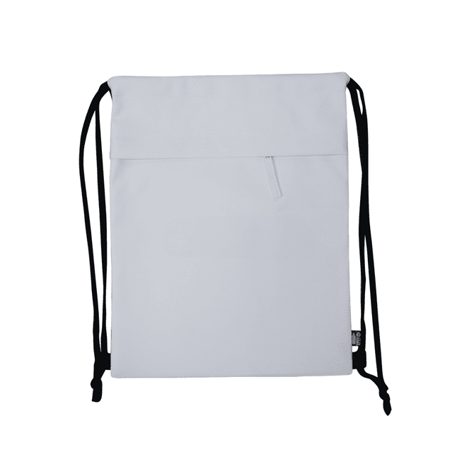 A white drawstring bag with black straps, featuring a zippered pocket and a logo.
