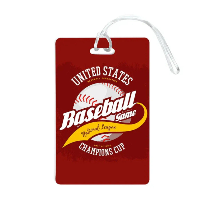 A red imprinted mini luggage tag with a baseball design and a clear attachment strap. It features a logo.