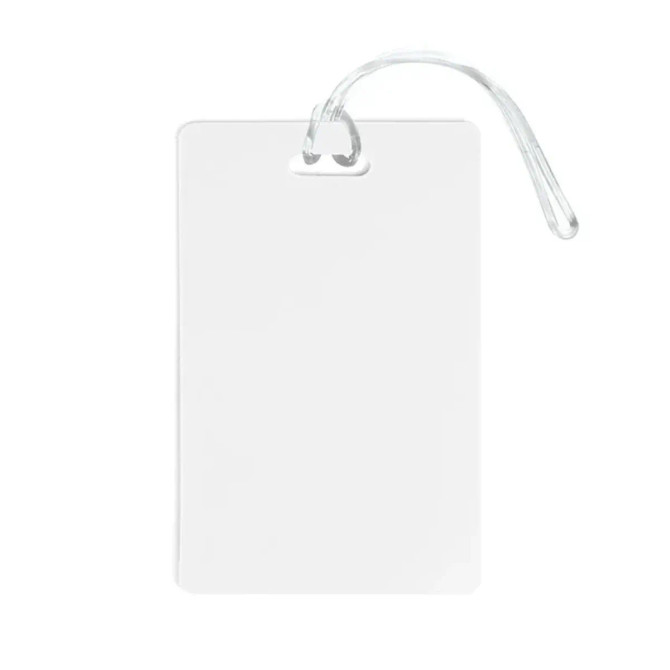 A clear, rectangular luggage tag with a loop attachment, featuring a blank surface for custom imprints.