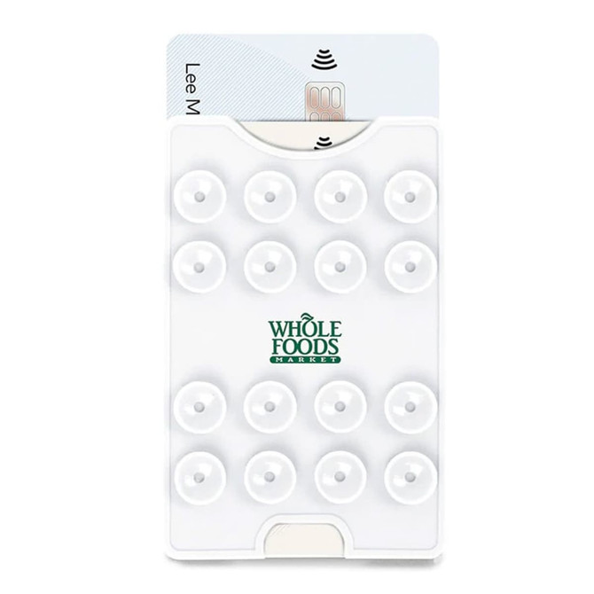 A white suction phone wallet with multiple suction cups and a card slot, featuring a logo.