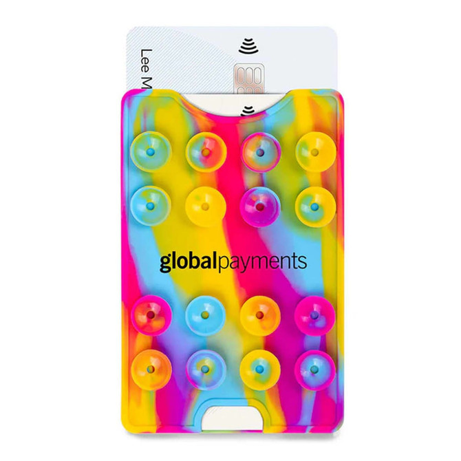 A vibrant, multicoloured suction phone wallet featuring circular suction cups and a card pocket. Contains a logo.