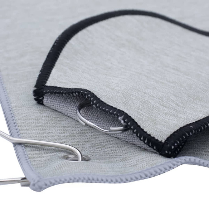 A grey golf towel with a black trim and a metal grommet for attachment. It features a smooth texture.