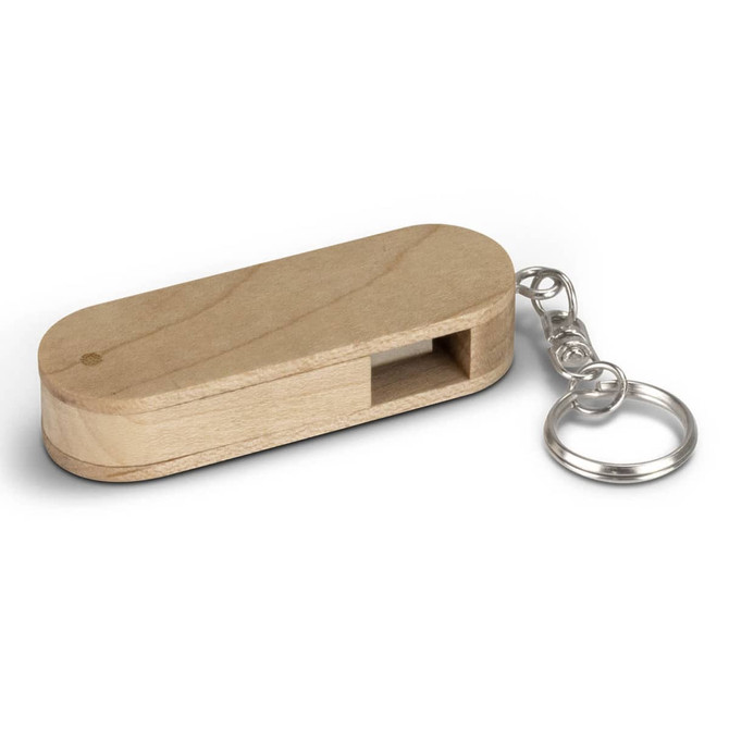 A maple wood 8GB flash drive with a keychain attachment. The design is sleek and minimalist.