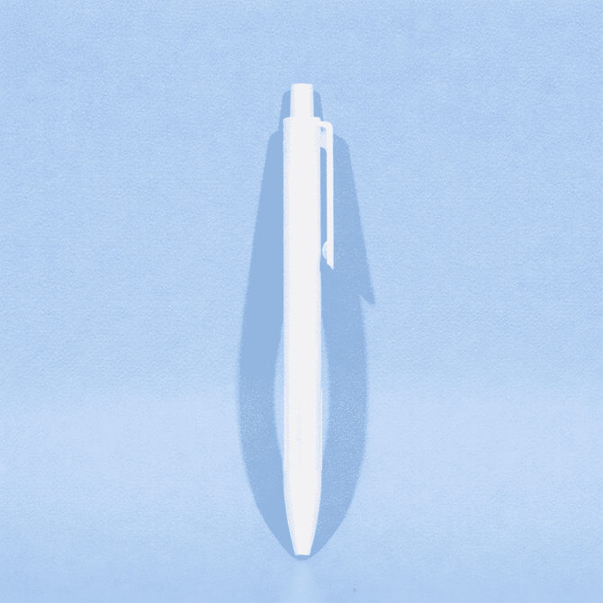 A white plastic ballpoint pen with a clip and a smooth, sleek design against a light blue background.