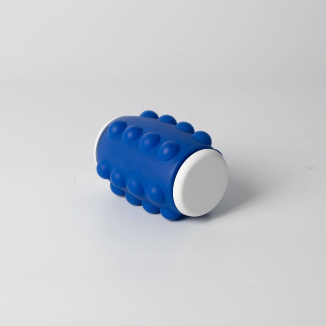 A blue Whirl Popper Spinner with textured bumps and white ends, featuring a logo on one side.