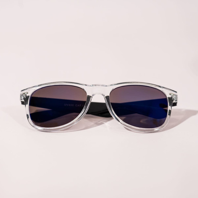 Clear-framed sunglasses with dark lenses, featuring a logo on the side.