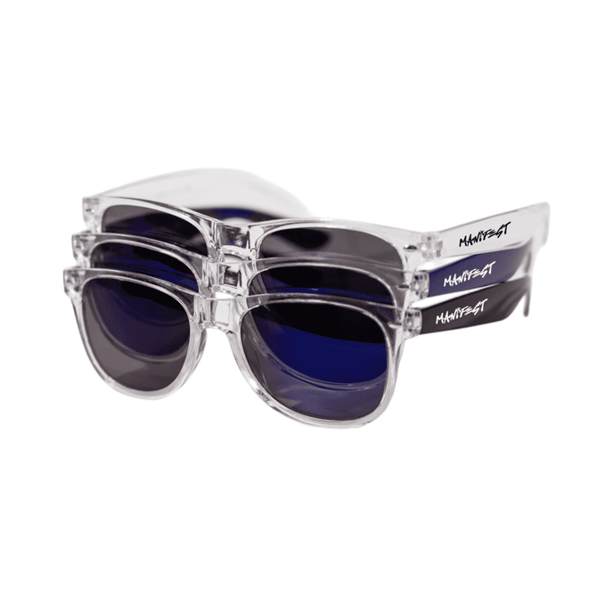 A pair of clear sunglasses stacked with dark lenses, featuring a logo on the arm.
