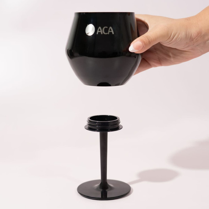 A black Shiraz Detachable Wine Glass with a removable stem, featuring a logo on the cup.
