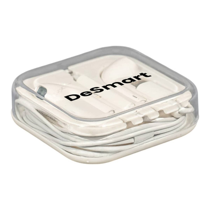 A white USB Type C earphone packaged in a clear case, featuring a logo on the front.