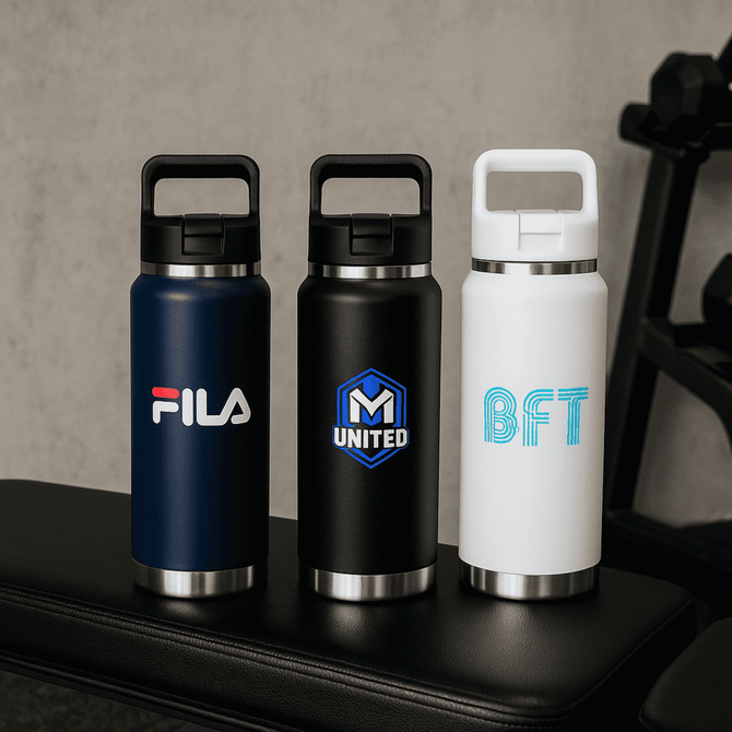 A drink bottle set featuring a navy blue, black, and white stainless steel design, each with a different logo.