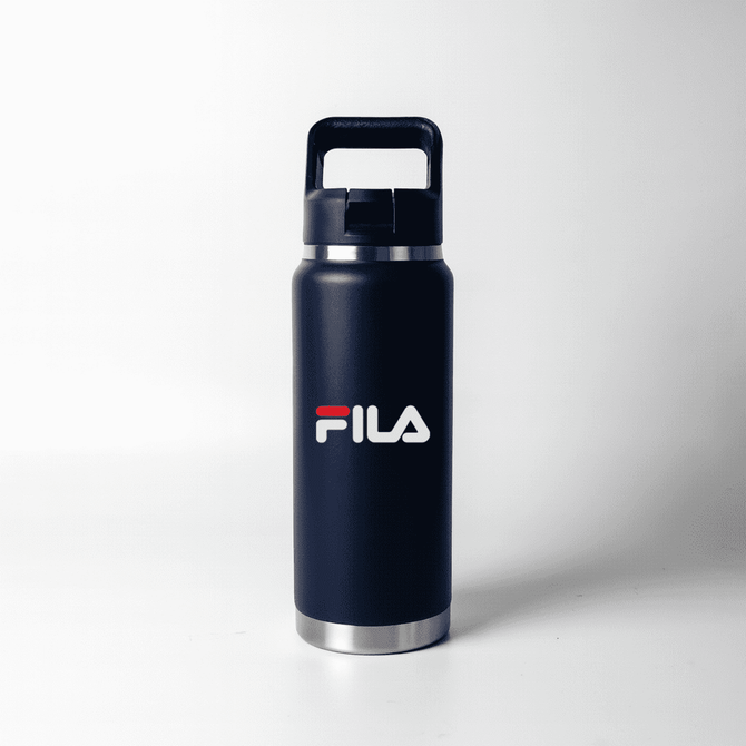 A drink bottle in navy blue with a stainless steel base and a sturdy handle, featuring a logo.
