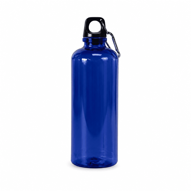 A drink bottle in vibrant blue plastic, featuring a black carabiner and a classic design. It has a logo displayed.