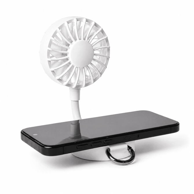 A white rechargeable fan attached to a phone stand, displaying a black smartphone. The fan features a flexible neck.