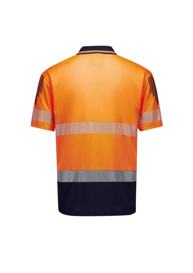 A short sleeve polo in hi-vis orange with segmented reflective tape and a navy blue lower section. Features a logo.