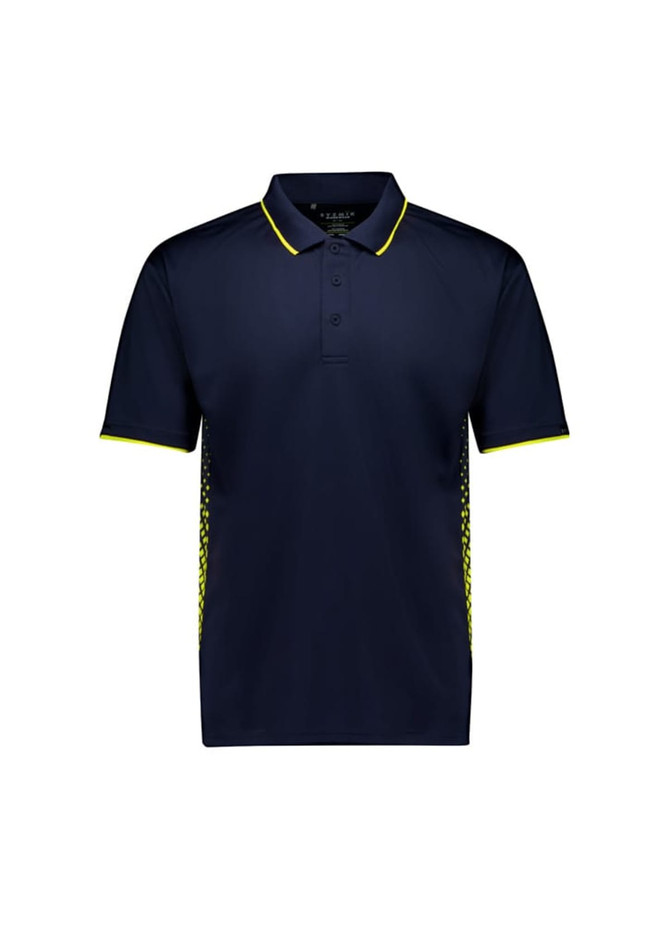 A navy short sleeve polo with yellow accents and a logo on the chest. It features a classic polo collar.