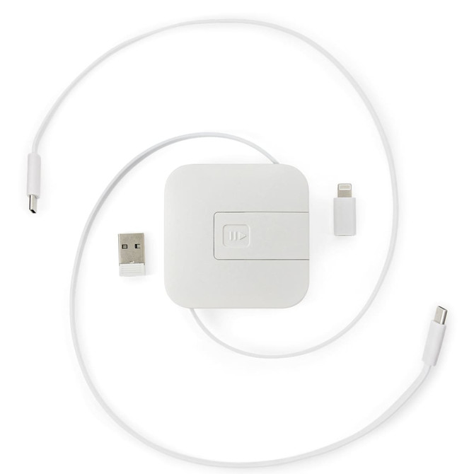 A white retractable charging cable with USB and Lightning connectors, featuring a compact square casing.