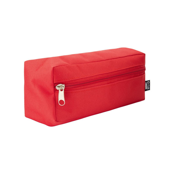 A red utility case with a zippered compartment, featuring a rectangular shape and a textured surface.