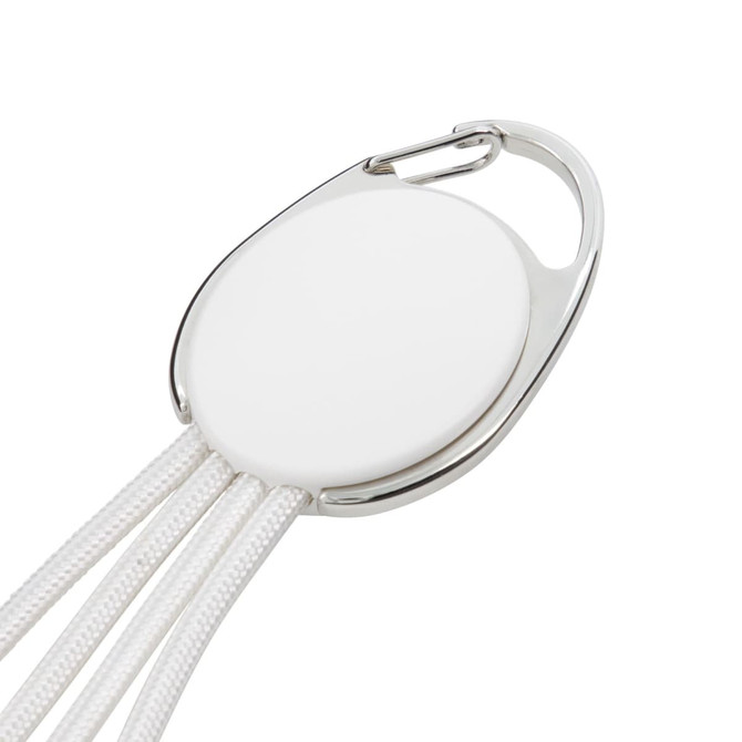 A promotional Boston Charger Cable featuring a round white connector with three braided white cables and a silver carabiner.