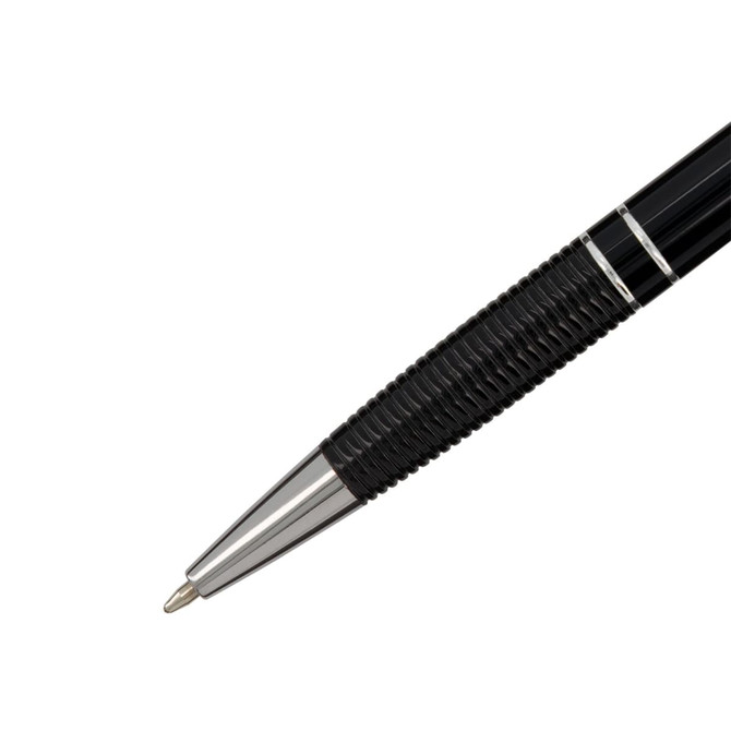 A black aluminium pen with a sleek design and silver accents, featuring a textured grip and a logo.