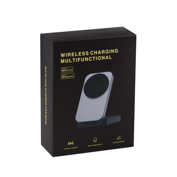 A sleek black box featuring a multifunctional wireless charger with a circular charging pad.