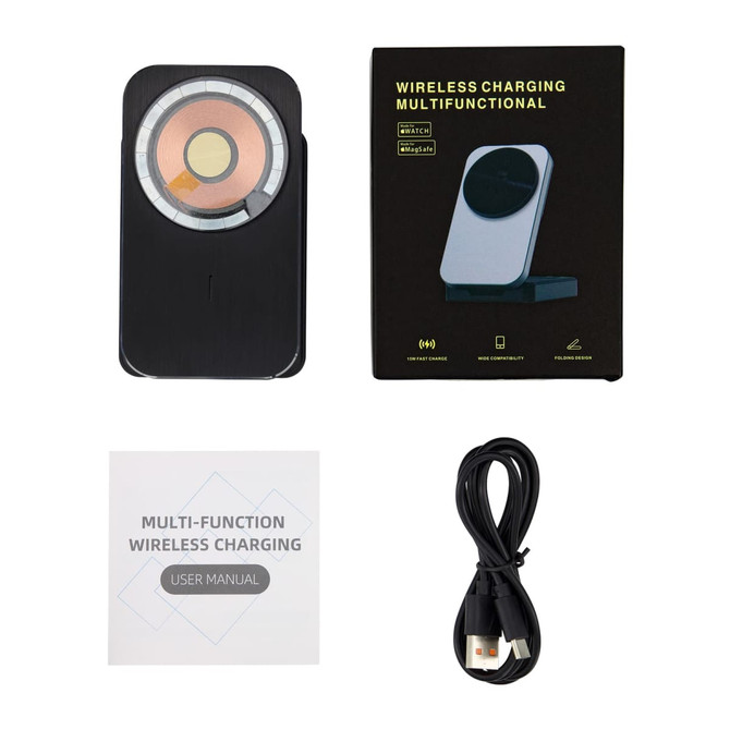 A black and white wireless charger with a user manual and USB cable, displayed alongside its packaging.