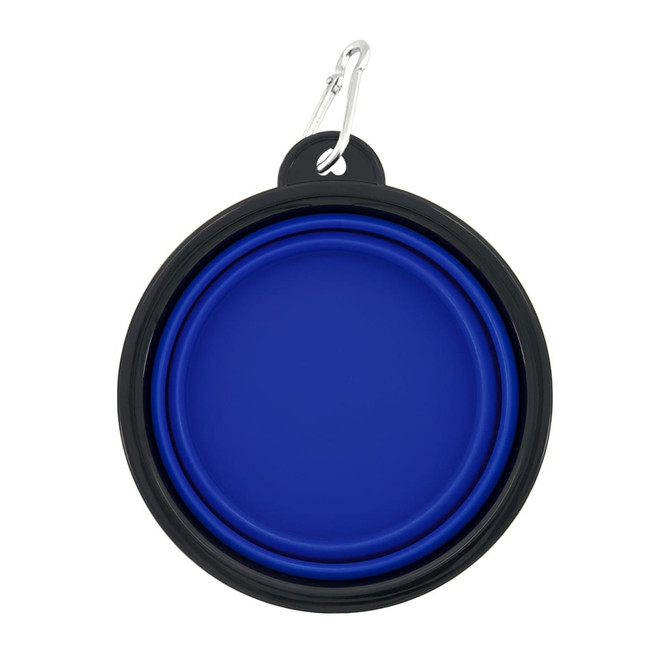 A collapsible bowl in black and blue, featuring a silver carabiner clip for easy attachment.