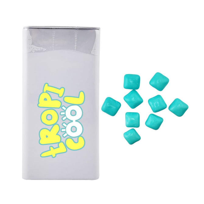 A rectangular pack of mints with a logo, accompanied by turquoise chewy mints scattered around it.