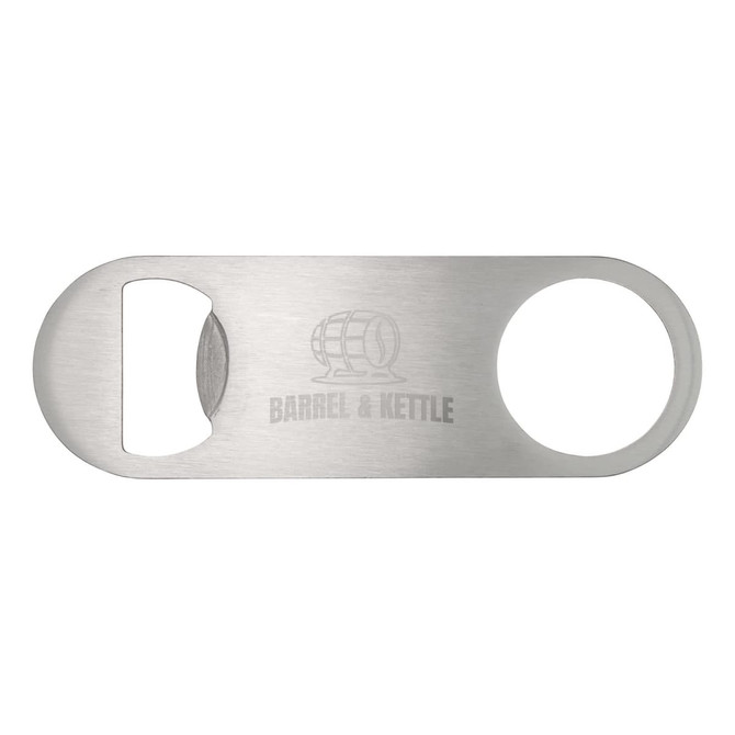 A drink bottle opener in a brushed stainless steel finish with a circular hole and a logo engraved on it.