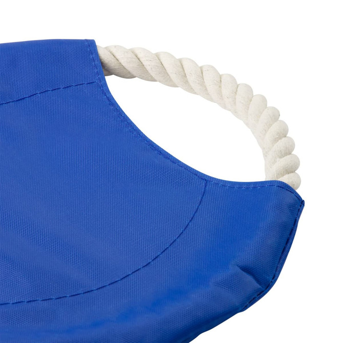 A blue dog toy with a textured surface and a white rope handle. It features a branding logo.