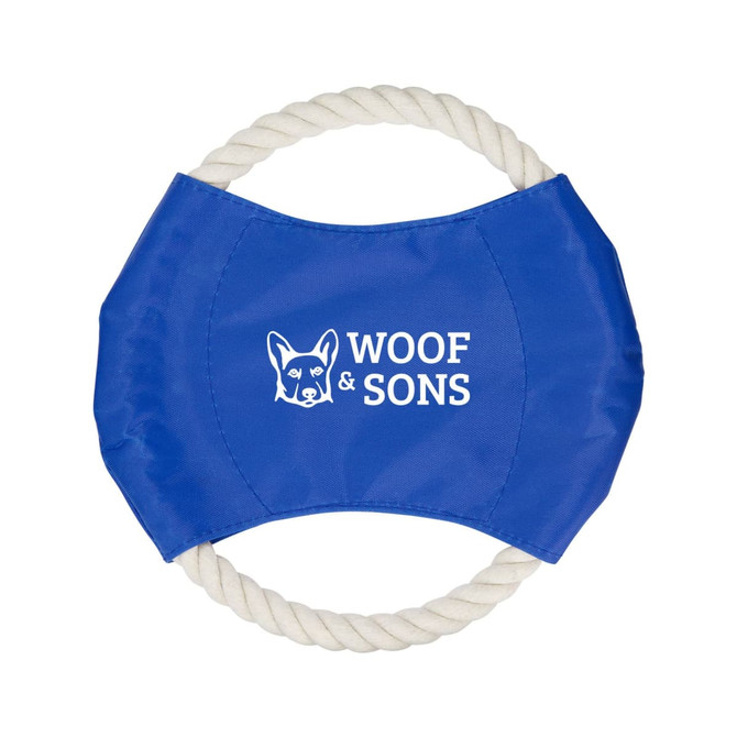 A blue dog toy with a rope handle and a logo featuring a dog graphic.