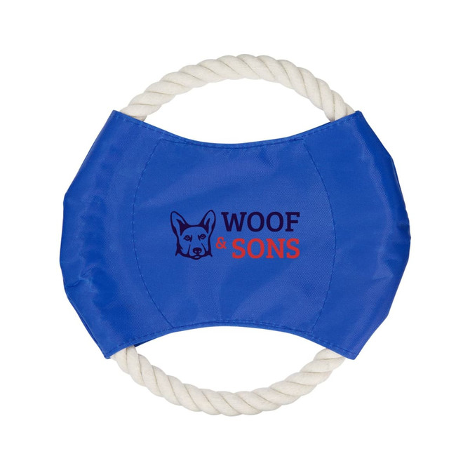 A blue dog toy with a rope handle and a logo featuring a dog.