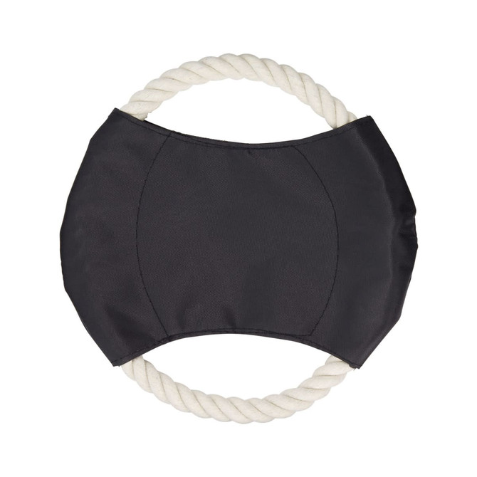 A black fabric toy with a white rope handle, designed for dogs, featuring a rounded shape.
