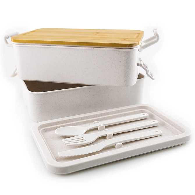 A white lunch container set with a bamboo lid, including a tray and white utensils. The set features a logo.