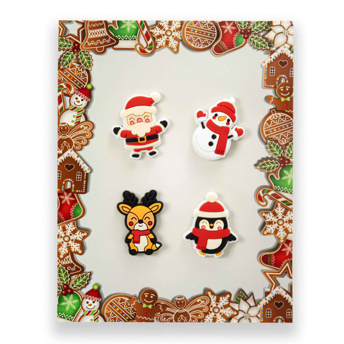 A set of four custom shoe charms featuring Santa, a snowman, a reindeer, and a penguin, surrounded by a festive border.