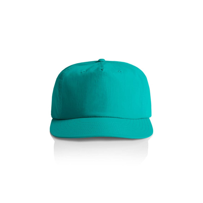 A teal cap with a curved brim and a secure back strap, featuring a logo on the front.