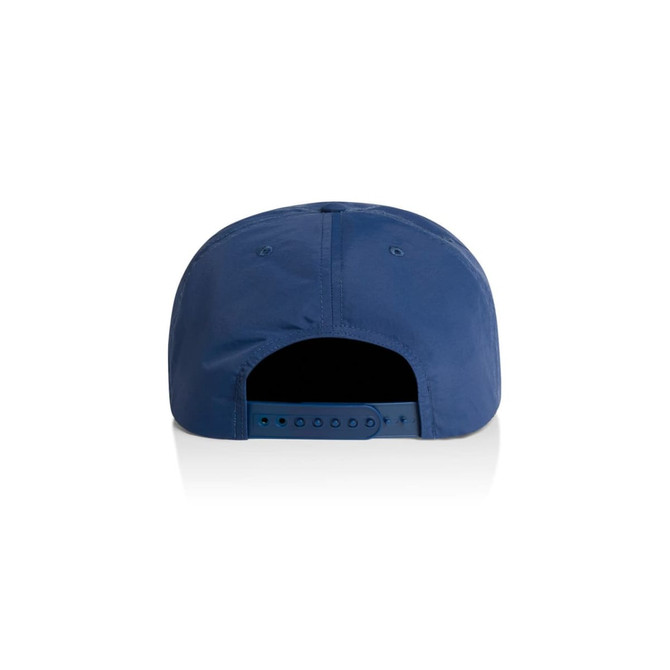 A blue cap featuring a strapback closure and a smooth fabric texture, with a logo on the back.