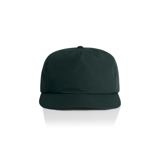 A dark green cap with a flat brim and no visible logos or branding. Features six panels and ventilation holes.