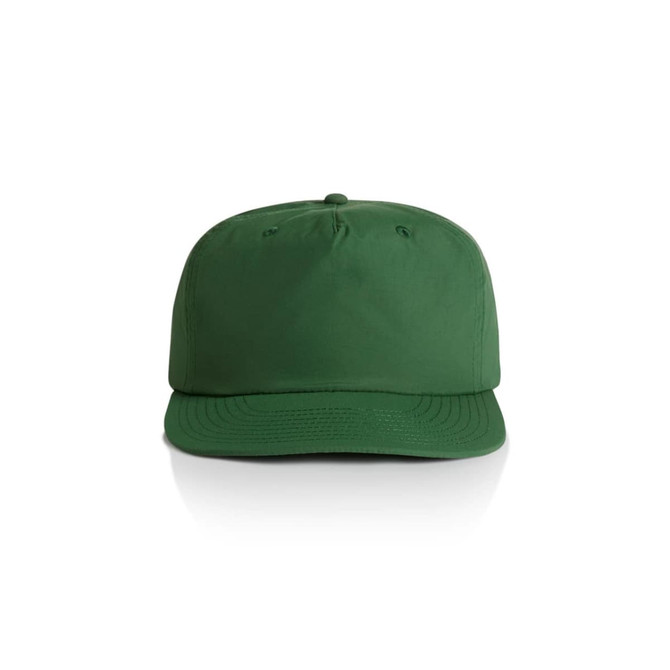 A green cap featuring a structured design and a front visor. Includes a logo on the front.