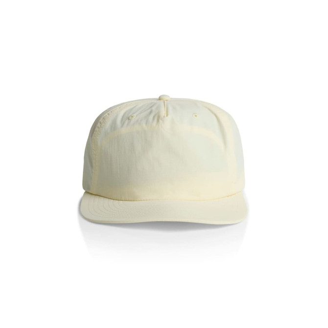 A pale yellow cap with a curved brim and a logo on the front. The design features a simple and clean aesthetic.