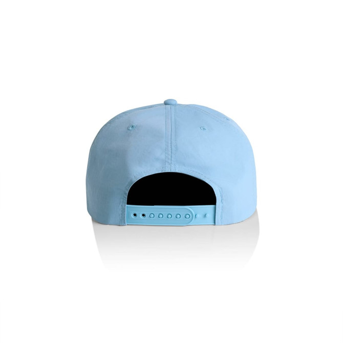 A light blue cap featuring a back closure and a logo. The surface has a smooth texture.