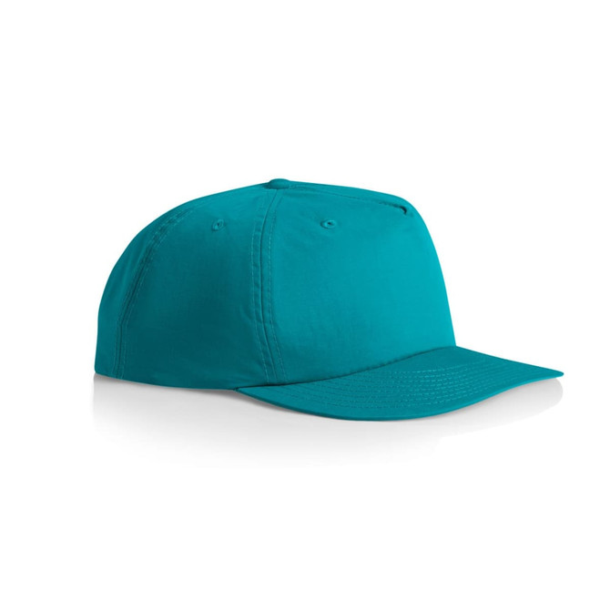 A teal cap with a curved brim and a logo on the front, featuring a structured design.