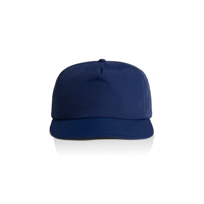 A navy blue cap with a structured front and a curved brim, featuring a logo on the front panel.