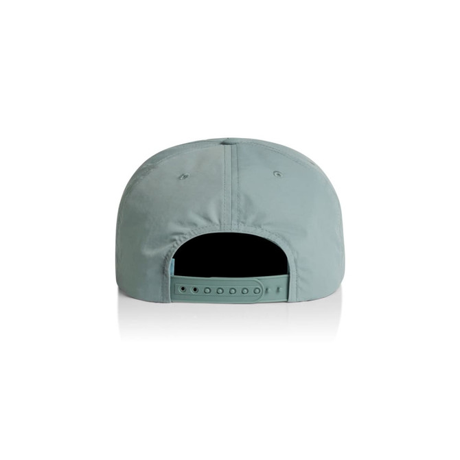 A peppermint green cap with a flat brim and adjustable back, featuring a branding logo.