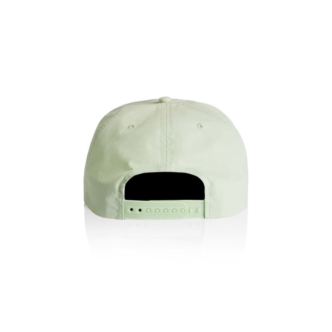 A green cap with an adjustable strap at the back and a logo. The cap has a soft, smooth texture.