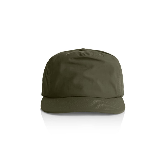 A green cap with a rounded top and a stiff brim, featuring a simple design and a logo on the front.