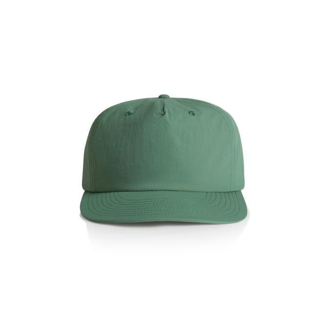 A green cap with a rounded peak and an adjustable strap, featuring a logo on the front.