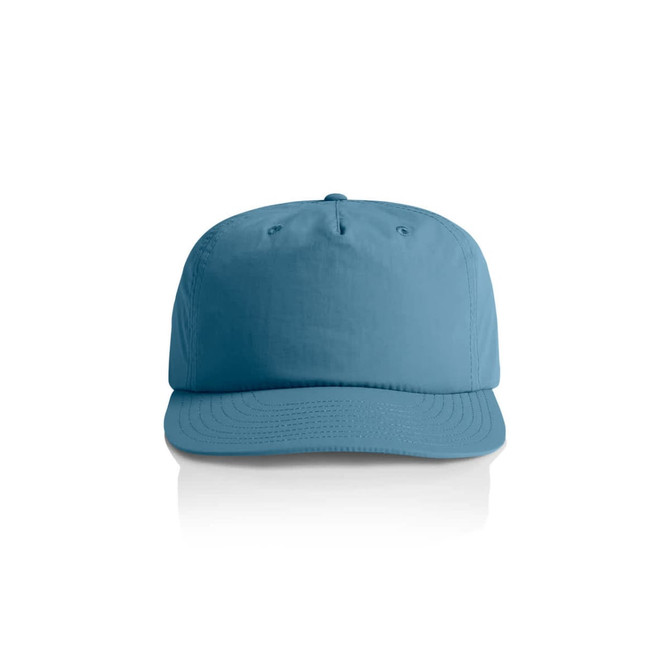 A blue cap with a structured design and a logo on the front.