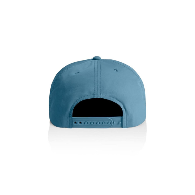 A blue cap featuring a logo, viewed from the back with an adjustable strap.