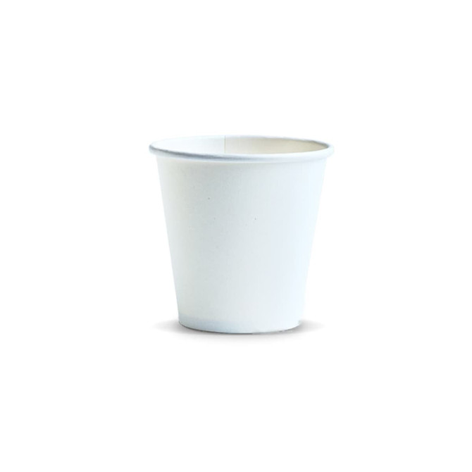A paper coffee cup in white, designed for beverages, featuring a simple, unbranded appearance.